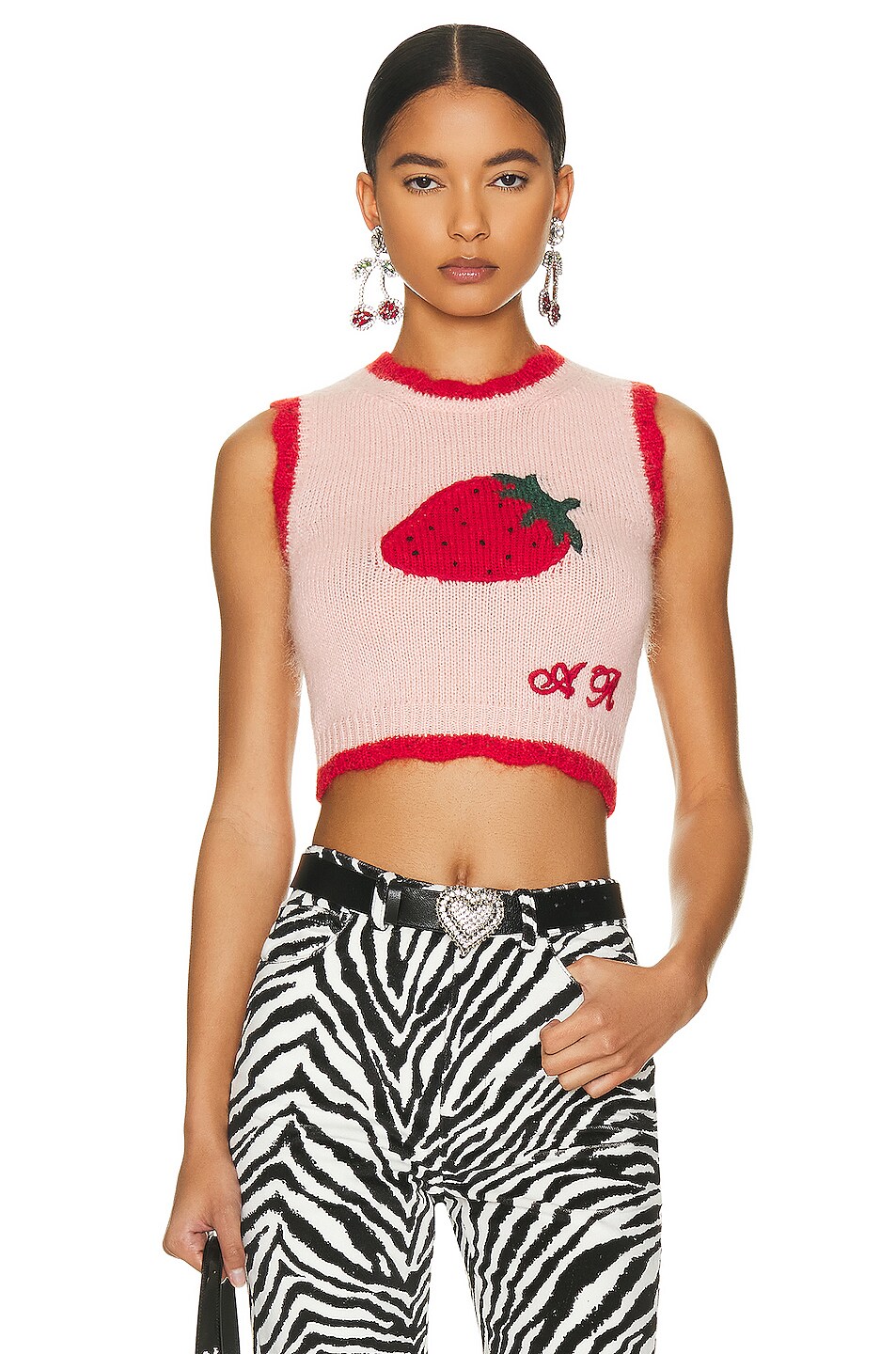 Image 1 of Alessandra Rich Sleeveless Knitted Mohair Top With Strawberry Print in Pink