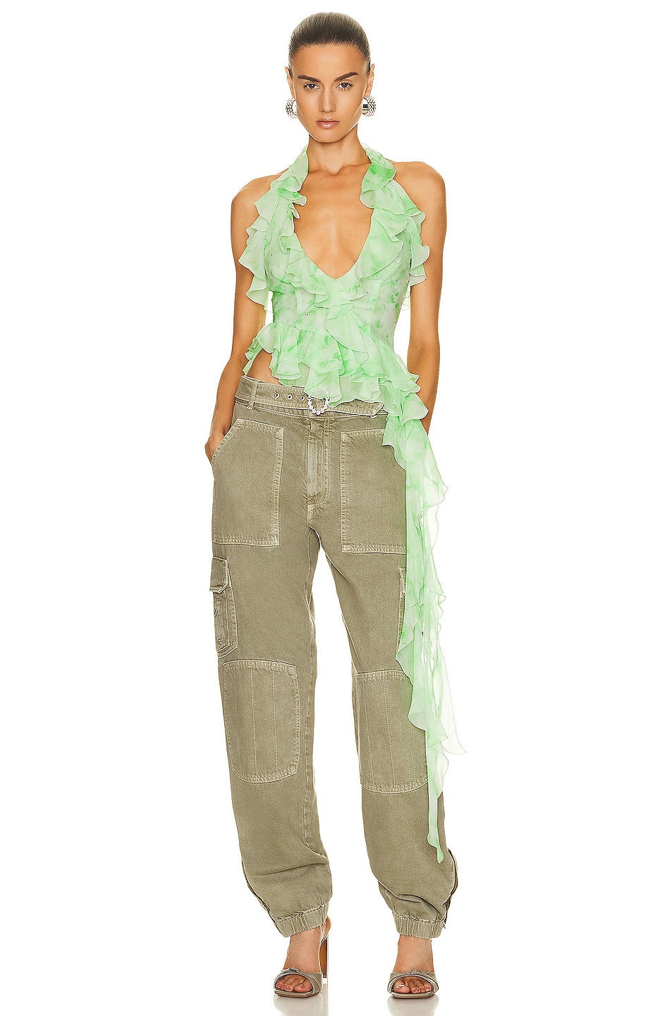Image 1 of Alessandra Rich Silk Ruffle Top in Neon Green