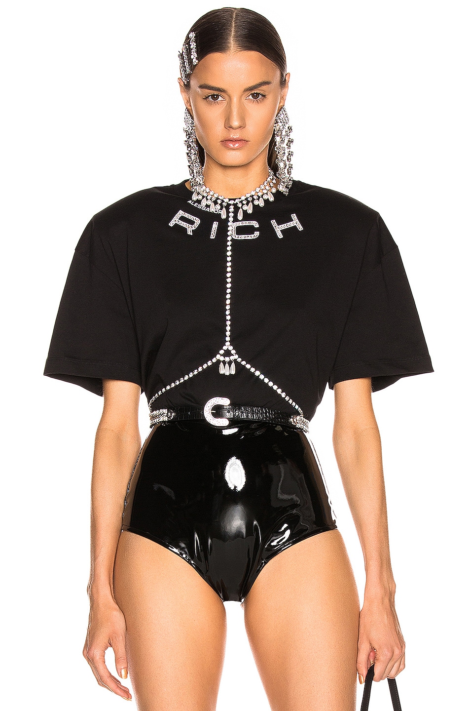 Image 1 of Alessandra Rich Padded Shoulder Oversized T Shirt in Black