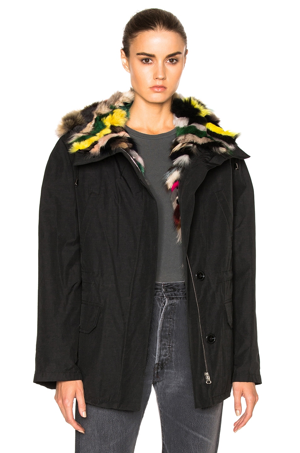 Image 1 of Yves Salomon - Army Reversible Fox Short Parka Jacket with Fox Fur in Black Multi
