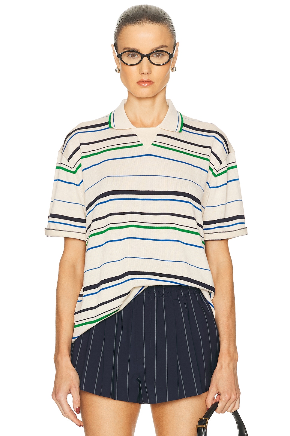 Image 1 of adidas by Wales Bonner Knit Polo in Wonder White, Green, Bluebird, & Night Indigo