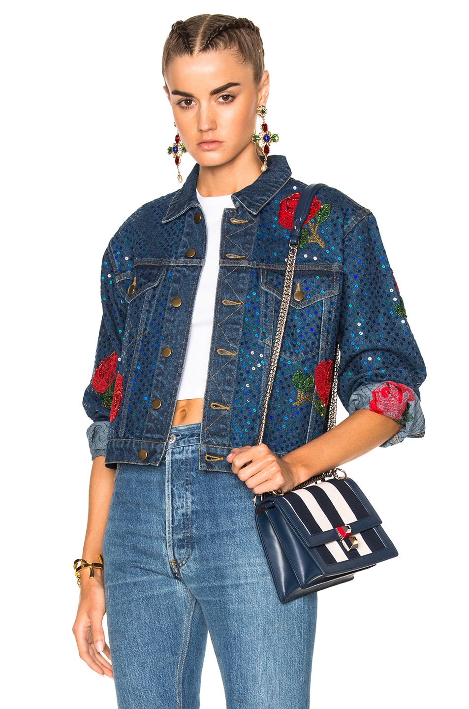 Image 1 of Ashish Denim Jacket with Rose Embroidery in Blue & Red