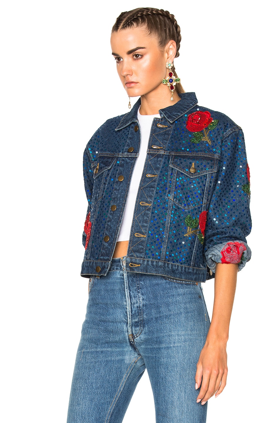 ASHISH Denim Jacket With Rose Embroidery In Blue. | ModeSens