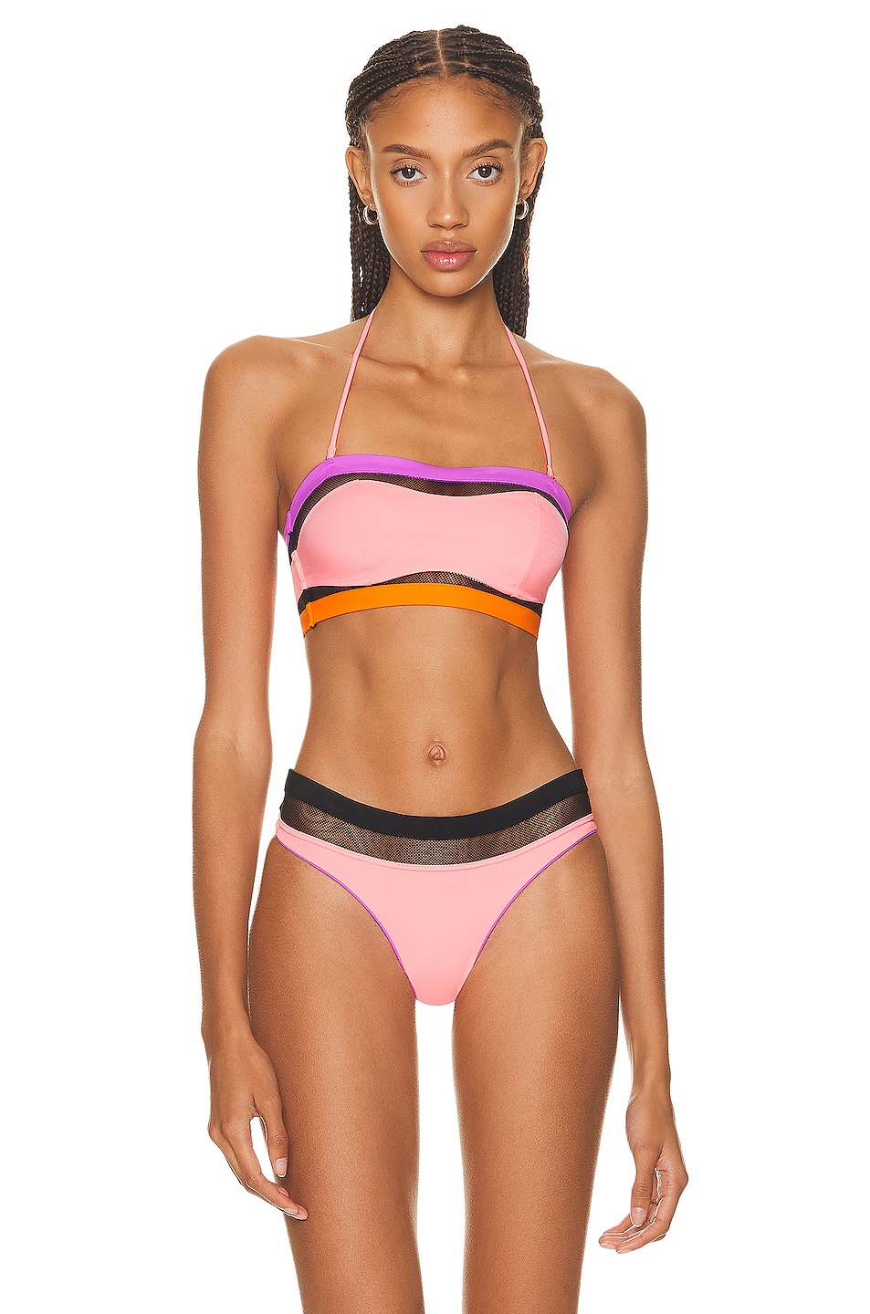 Image 1 of Agent Provocateur Zenaya Bikini Bandeau Top in Coral, Neon Lilac, & Black