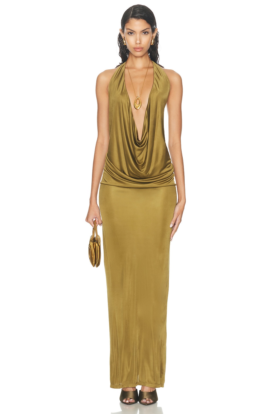 Image 1 of Atlein Plunge Neck Sleeveless Long Dress in Cob Kelp