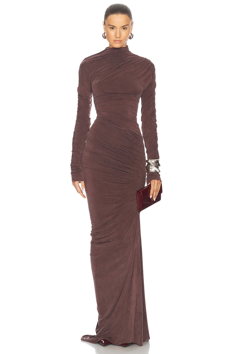 Image 1 of Atlein Hyper Ruched Long Dress in Sepia