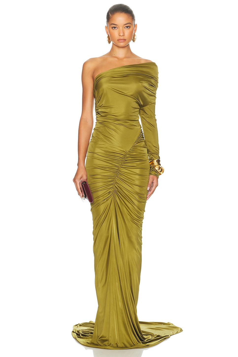 Atlein One Sleeve Ruched Gown In Green