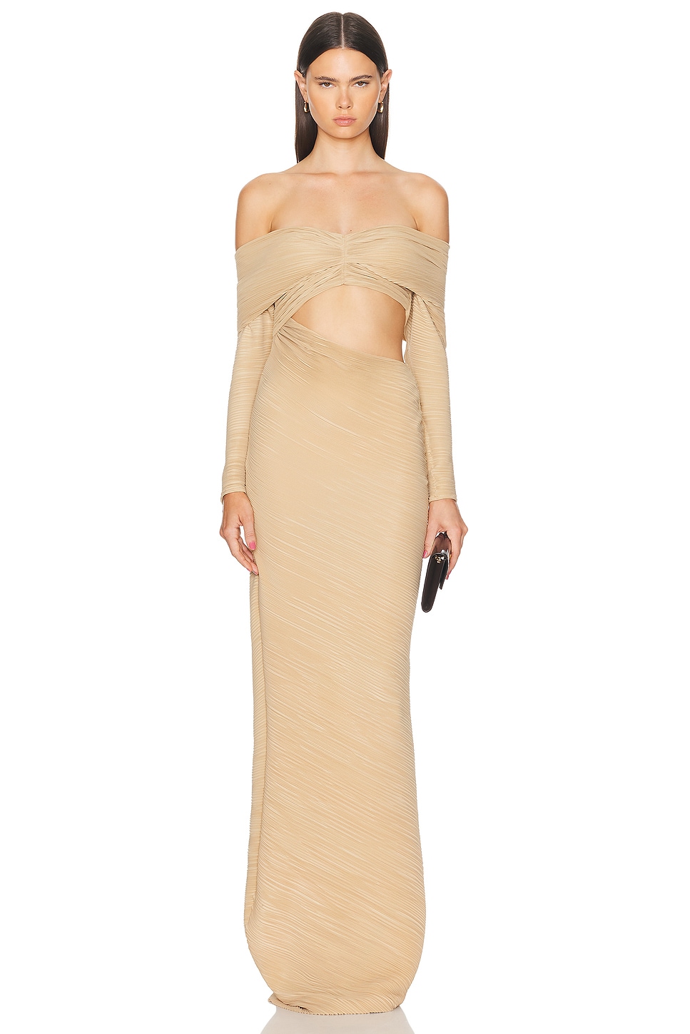 Off The Shoulder Pleated Gown in Neutral
