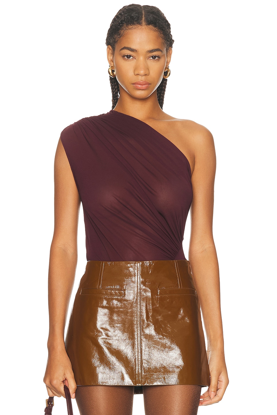 Image 1 of Atlein Asymmetric Draped Bodysuit in Burgundy