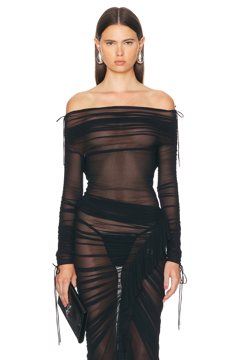 Image 1 of Atlein Ruched Off The Shoulder Top in Black