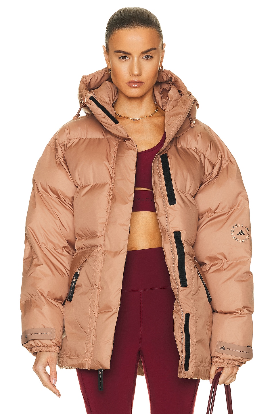 Image 1 of adidas by Stella McCartney Mid Length Padded Winter Jacket in Camel