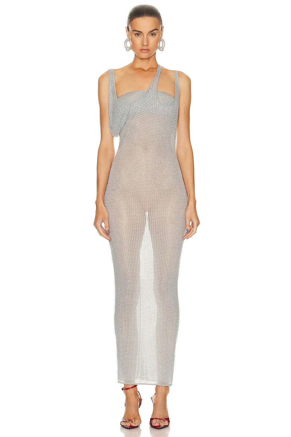 Image 1 of THE ATTICO Hotfixed Crystal Midi Dress in Pearl Grey