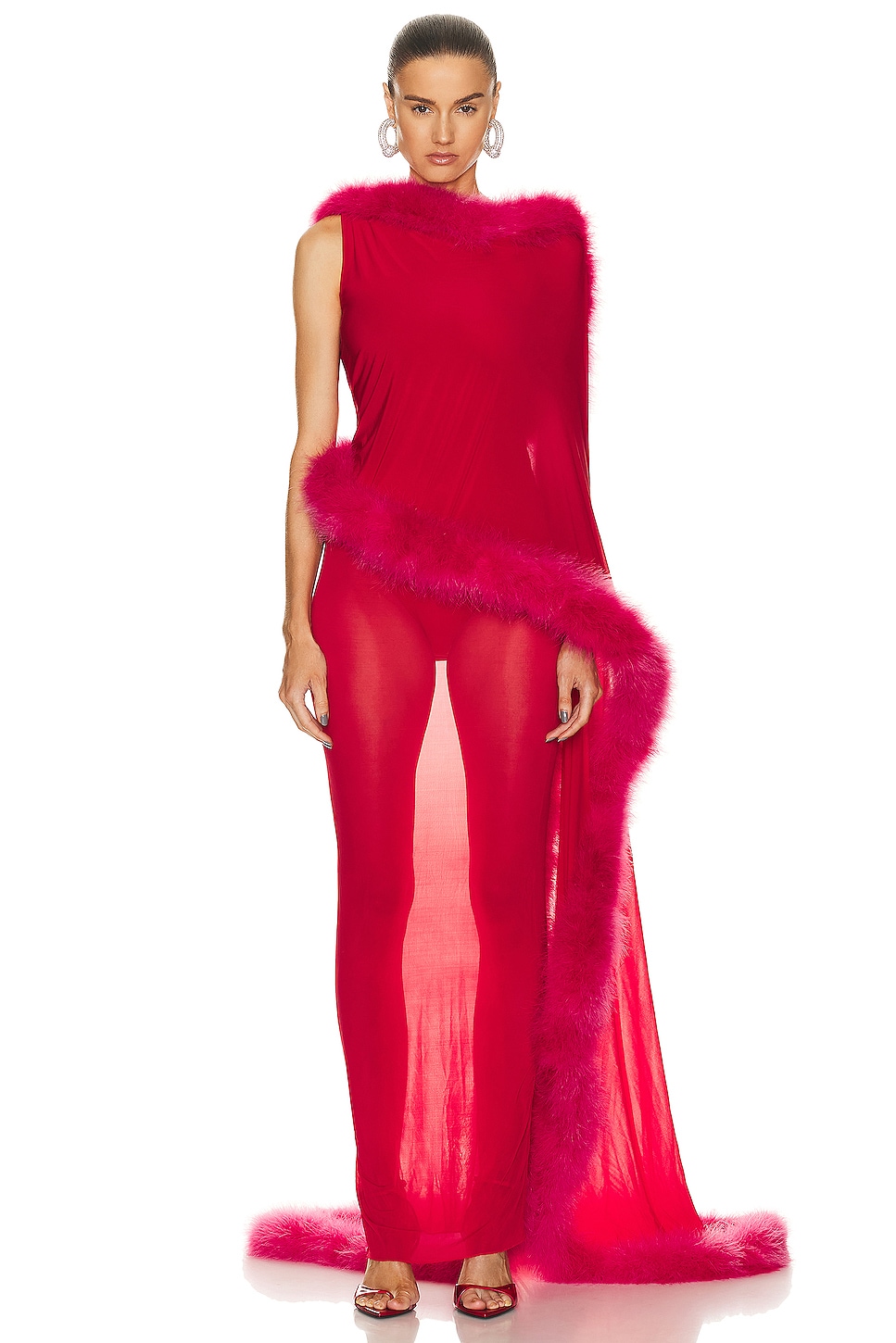 Image 1 of THE ATTICO Sheer Boa Of Marabou Dress in Vibrant Red