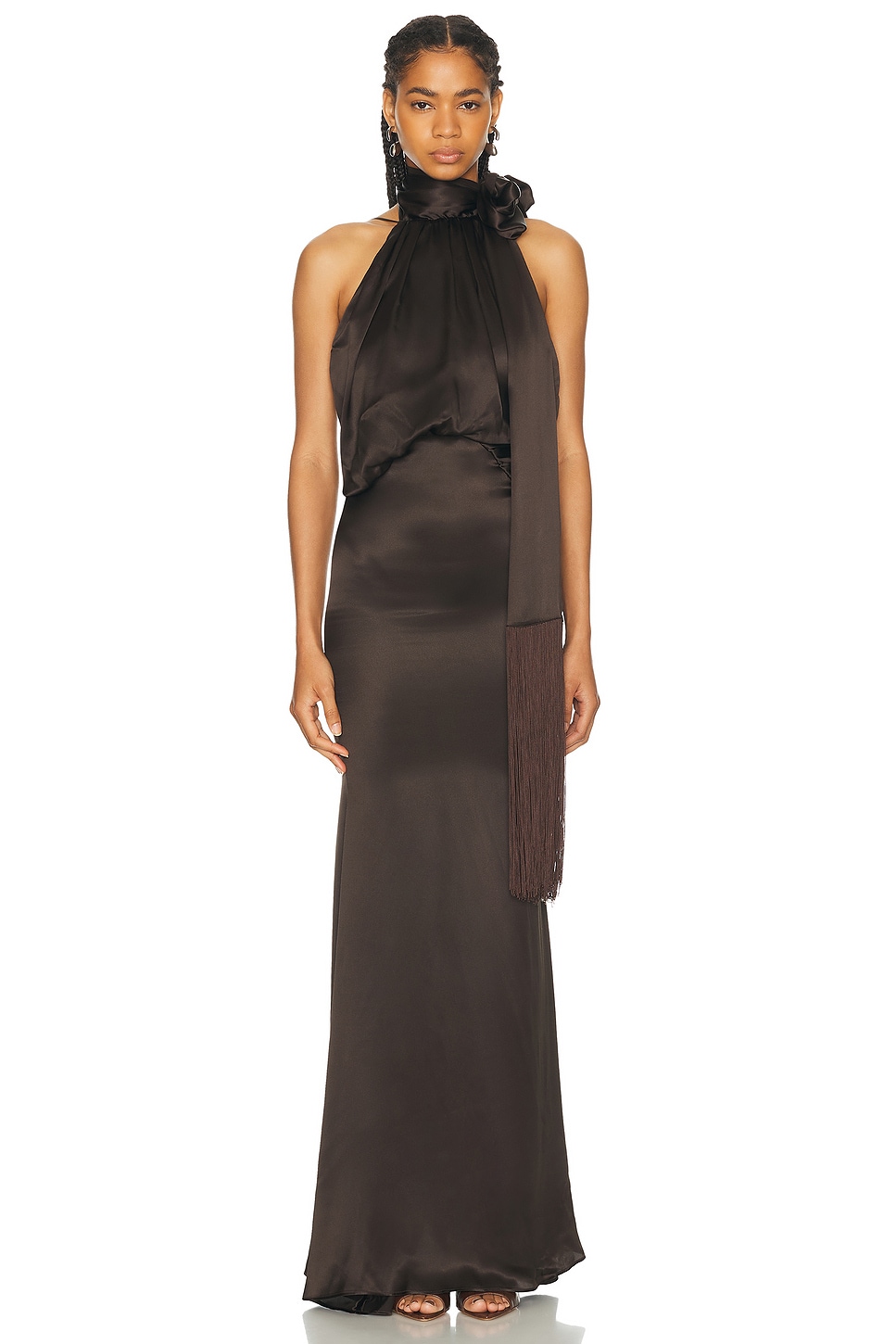 Image 1 of THE ATTICO Fringe Long Dress in Dark Brown