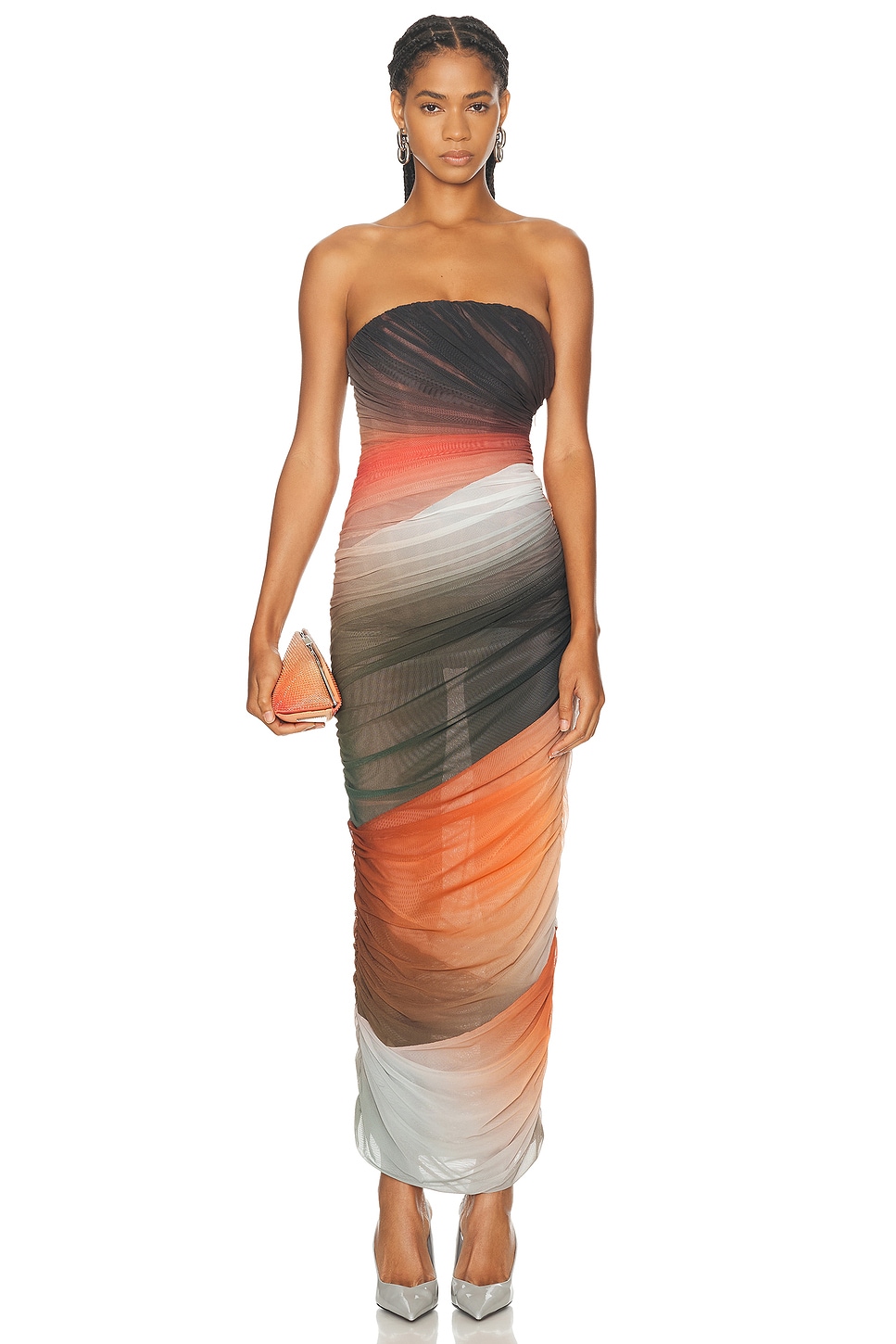 Image 1 of THE ATTICO Strapless Midi Dress in Orange, Brown, & White Gradient