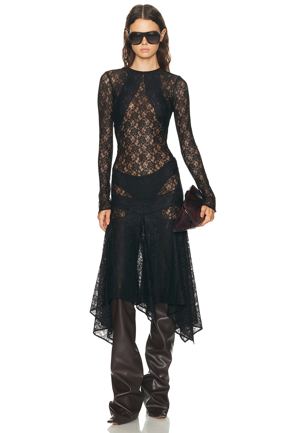 Image 1 of THE ATTICO Long Sleeve Lace Midi Dress in Black