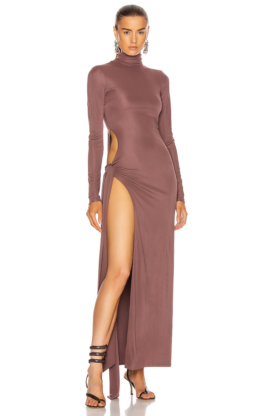 Image 1 of THE ATTICO Long Sleeve Ruched Maxi Dress in Brown