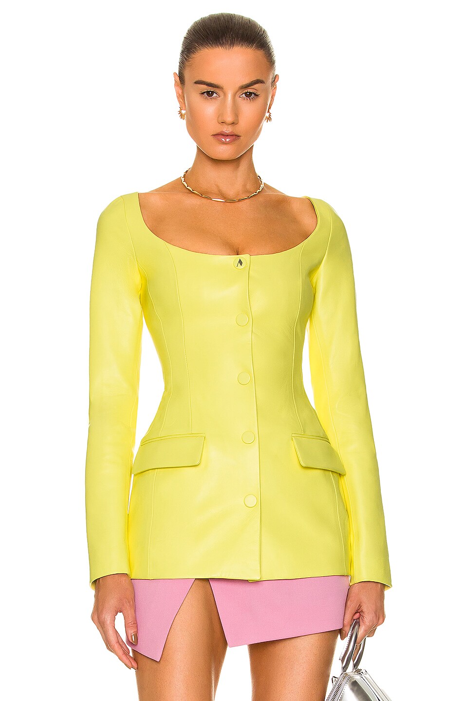 Image 1 of THE ATTICO Scoop Neck Leather Blazer in Pale Yellow