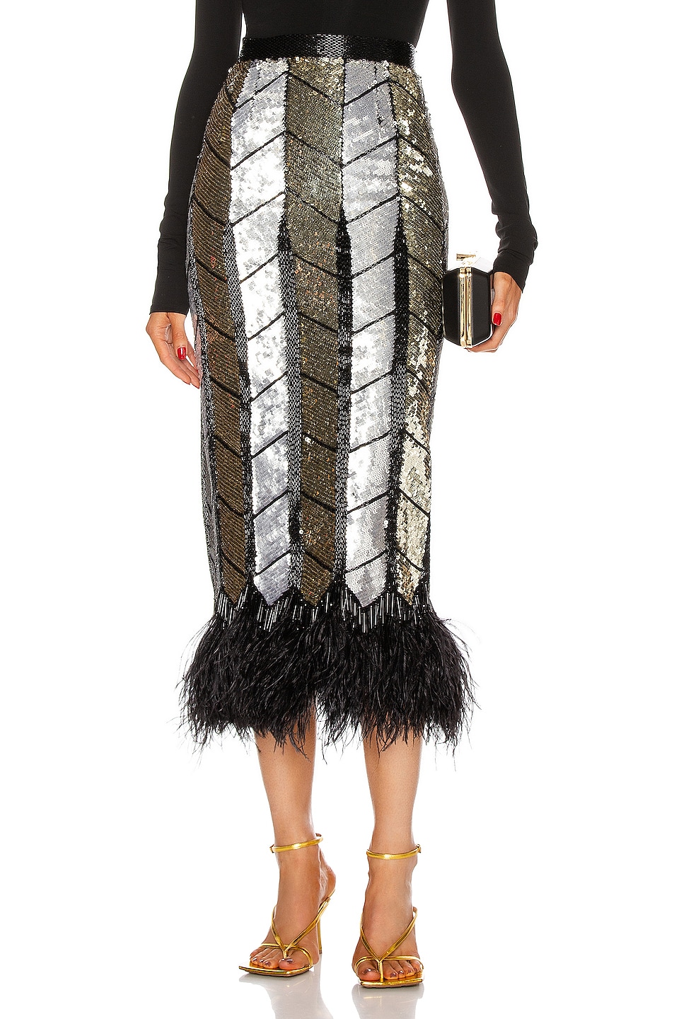 Image 1 of THE ATTICO Ostrich Feather Pencil Skirt in Black, Gold & Silver