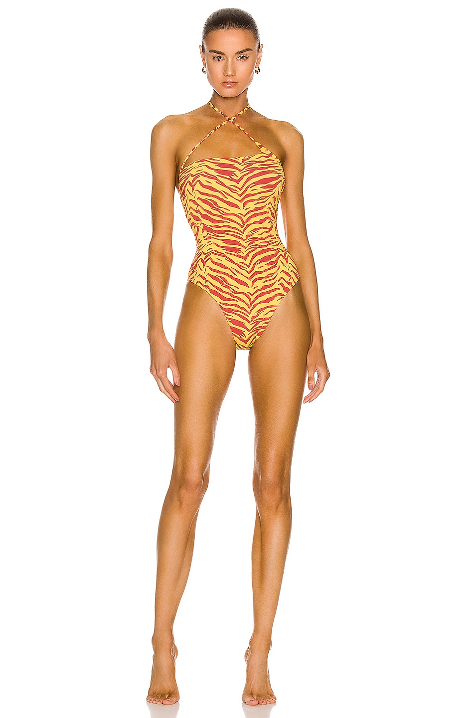 Image 1 of THE ATTICO Zebra Print Asymmetric Neckline Swimsuit in Sun & Grancanion