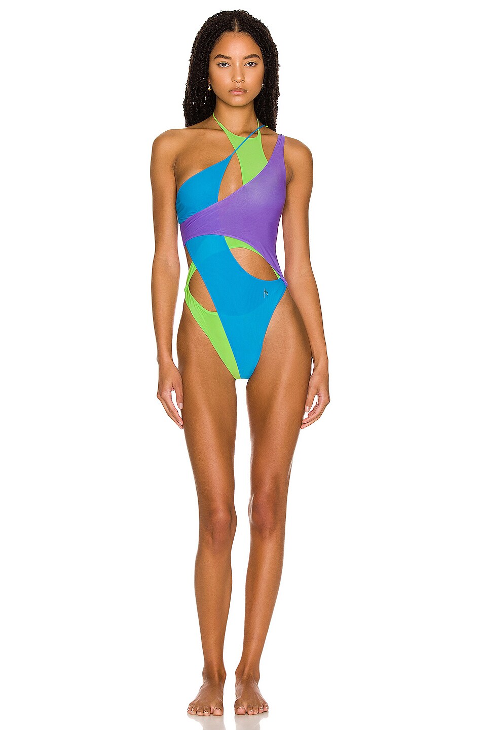 Image 1 of THE ATTICO Asymmetric Cutout Swimsuit in Lavender, Pistachio, & Turquoise