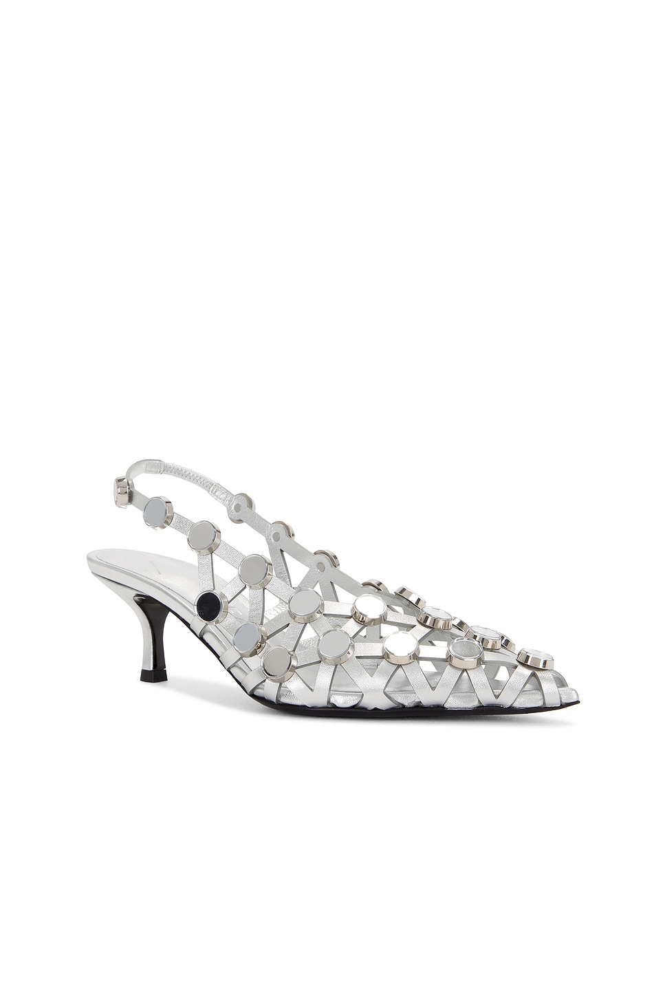 Attico Grid Studded Metallic Leather Slingback Pumps In Silver