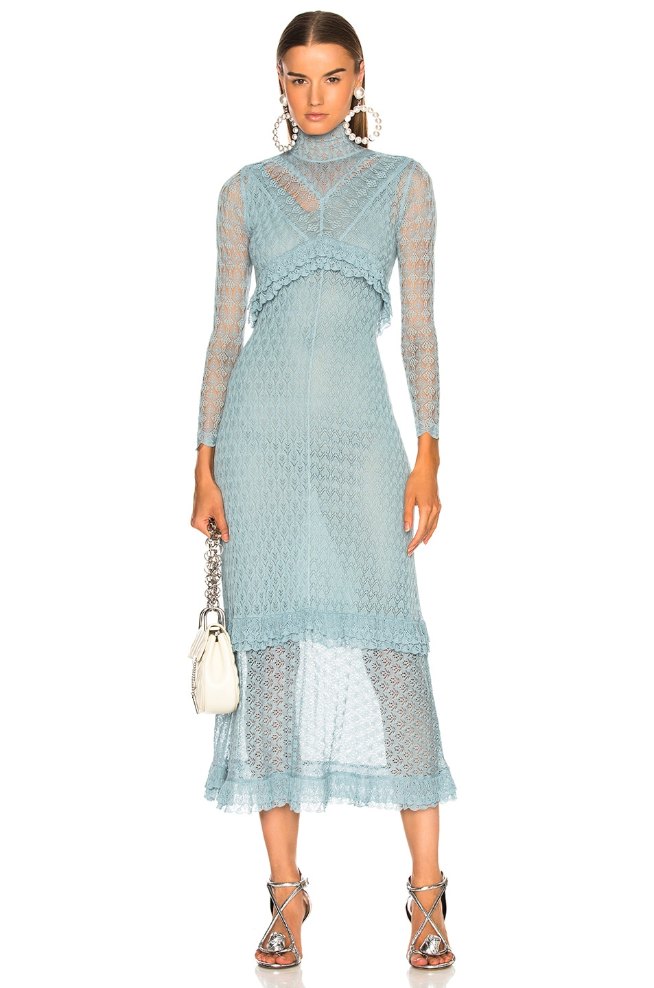 Image 1 of ALEXACHUNG Patchwork Fine Knit Lace Dress in Dusky Blue
