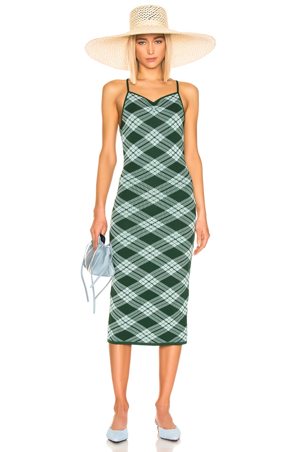Image 1 of ALEXACHUNG Plaid Midi Dress in Green & Mint