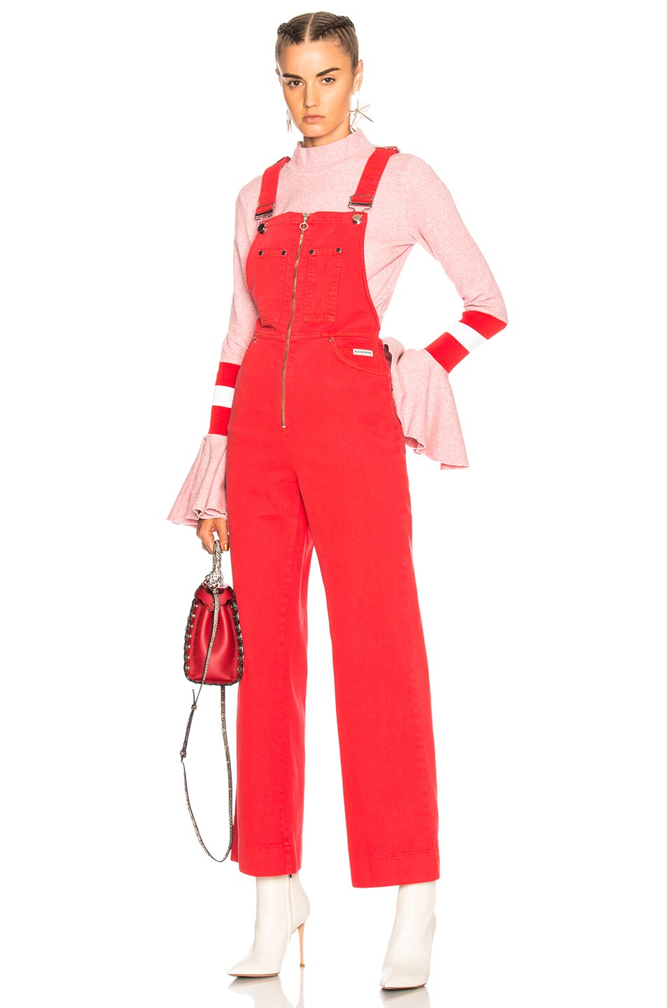 Image 1 of ALEXACHUNG Zip Front Dungarees in Washed Red