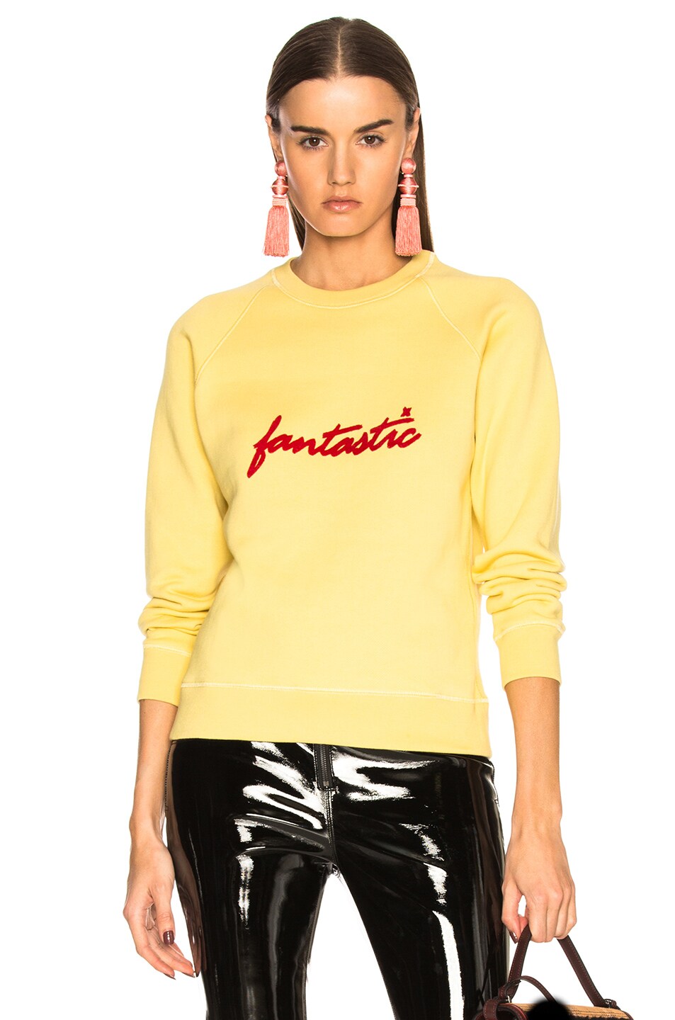 Image 1 of ALEXACHUNG Fantastic Red Flocked Sweatshirt in Pale Yellow