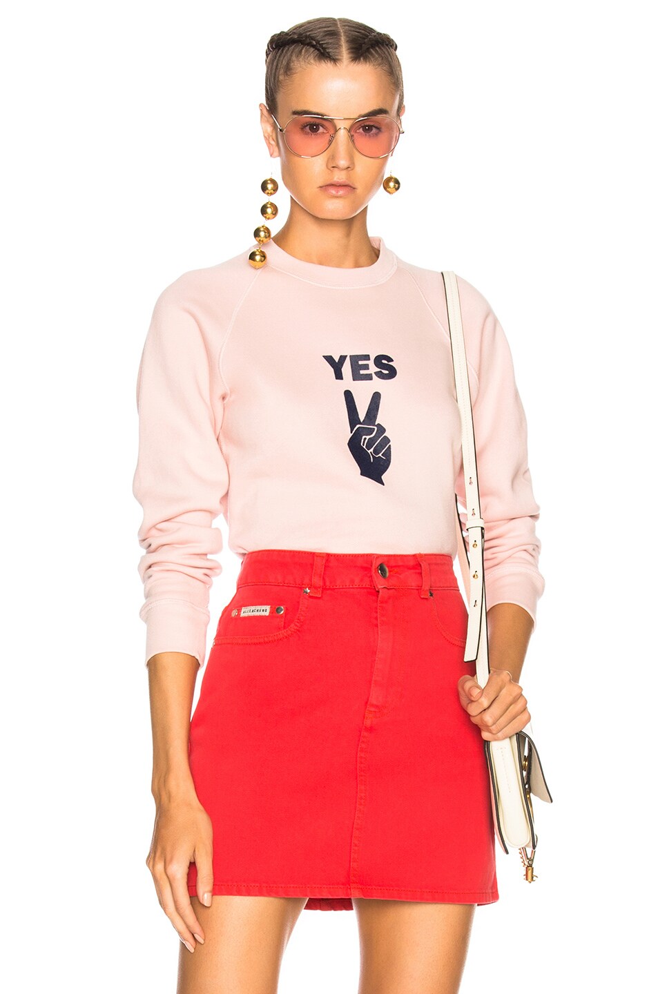 Image 1 of ALEXACHUNG YES Peace Sign Flock Print Sweatshirt in Pink