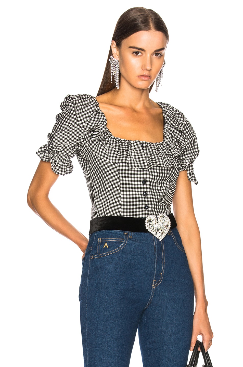 Image 1 of ALEXACHUNG Cropped Frill Button Front Blouse in Black & White