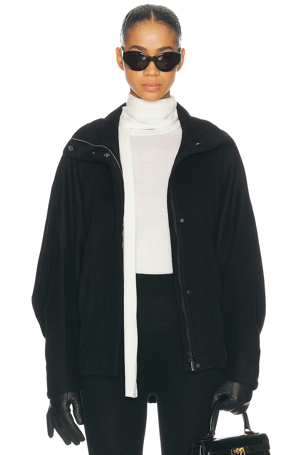 Auter Italian Wool Batwing Bomber Jacket in Black