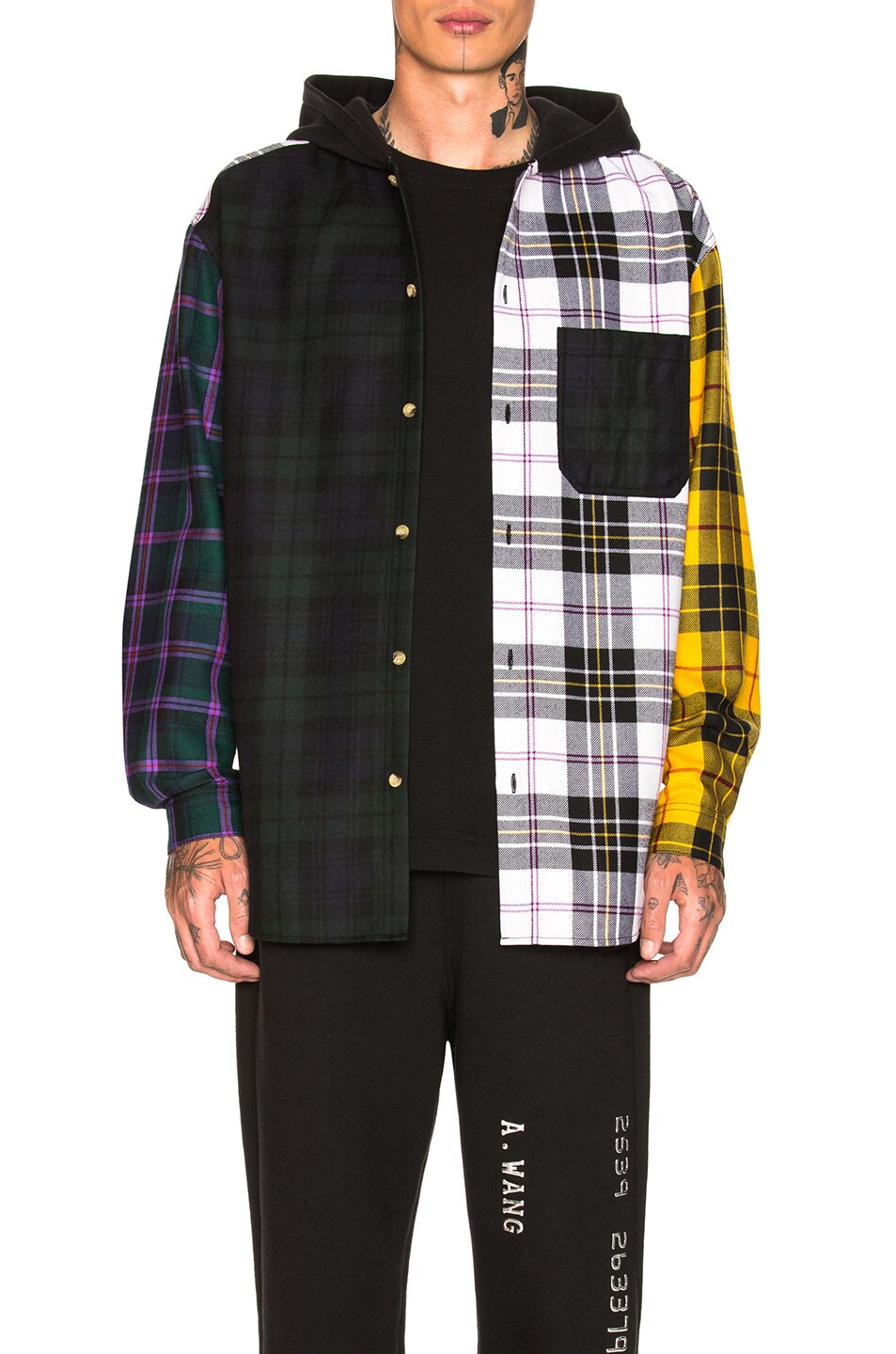 Image 1 of Alexander Wang Plaid Hooded Overshirt in Black & White & Multicolor