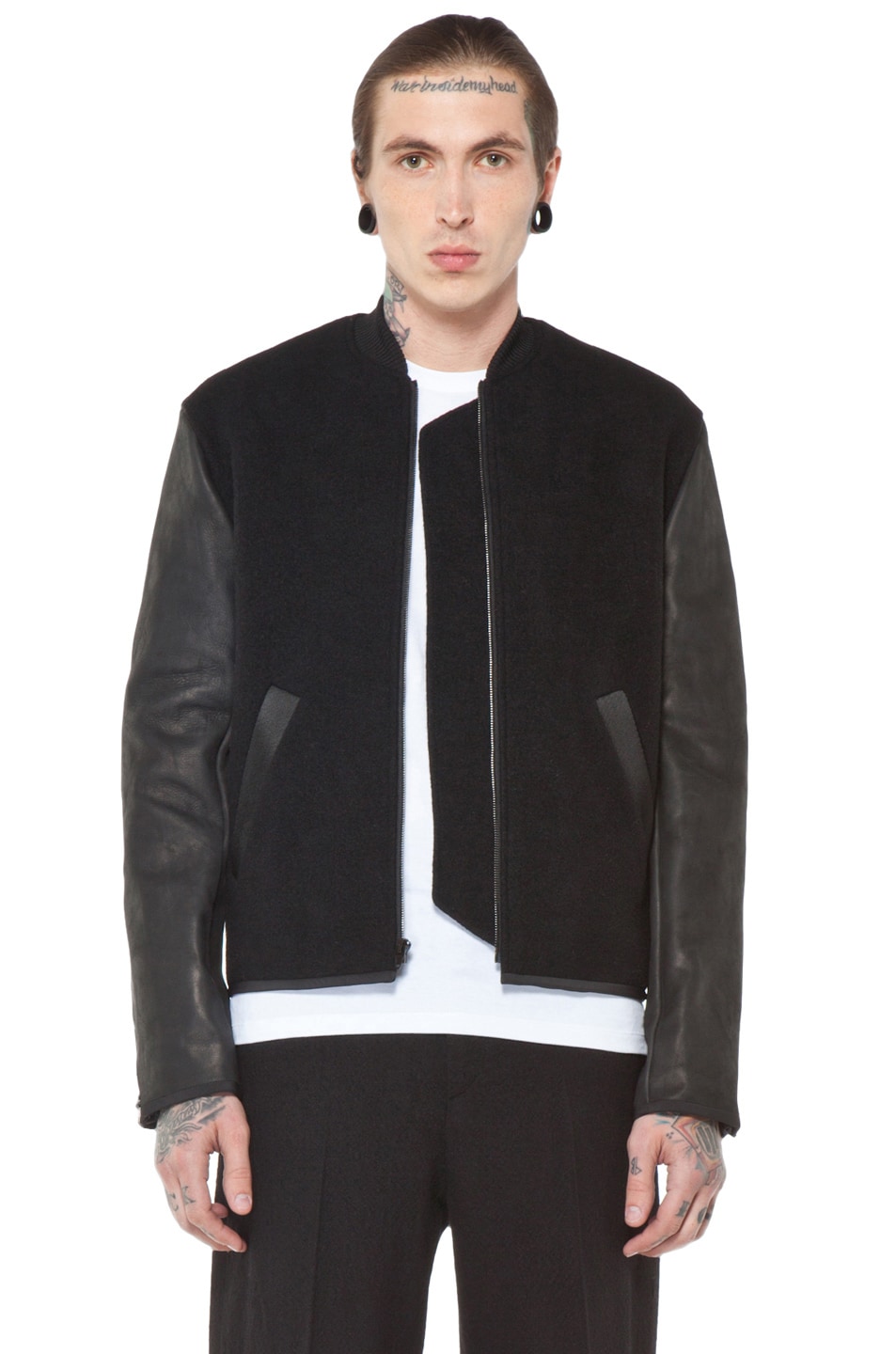 Image 1 of Alexander Wang Leather Sleeve Varsity Jacket in Black