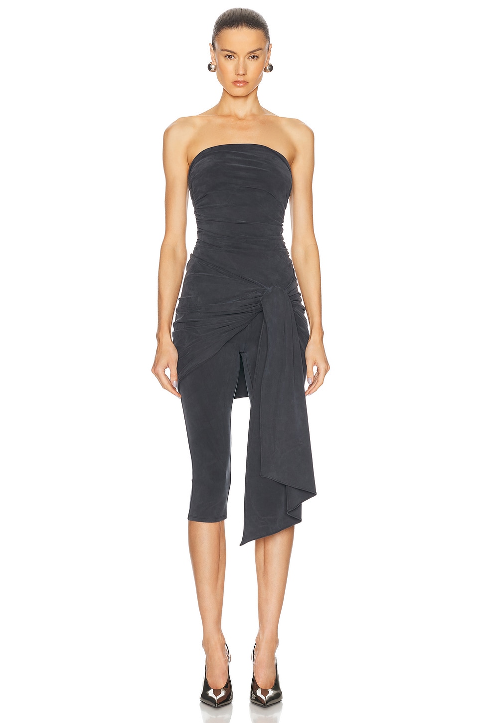 Prestyled Strapless Wrap Catsuit in Charcoal