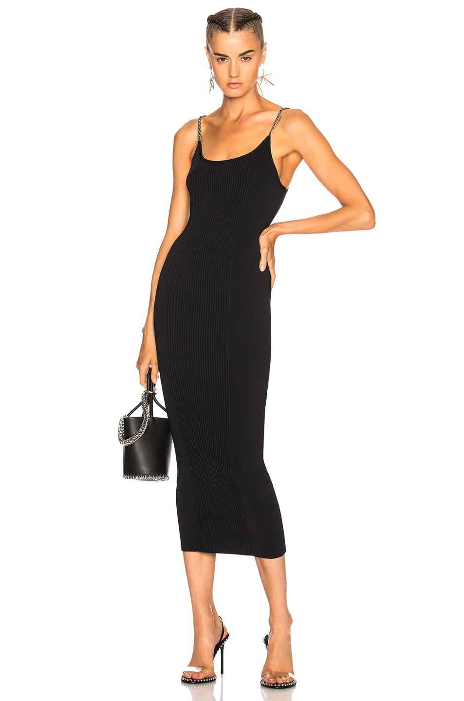 Image 1 of Alexander Wang Ribbed Tank Dress with Chain Straps in Black