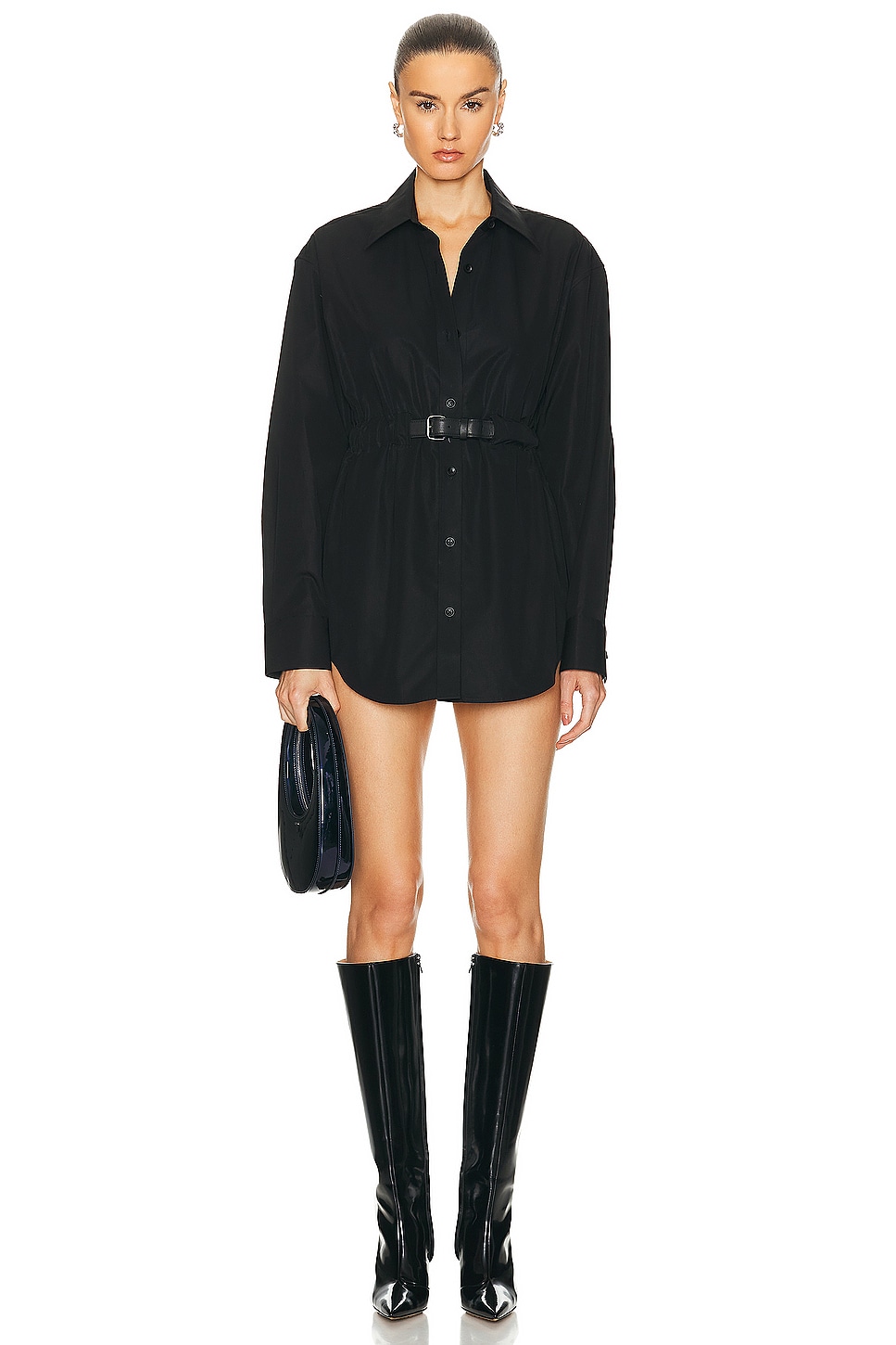Image 1 of Alexander Wang Button Down Tunic Dress With Leather Belt in Black