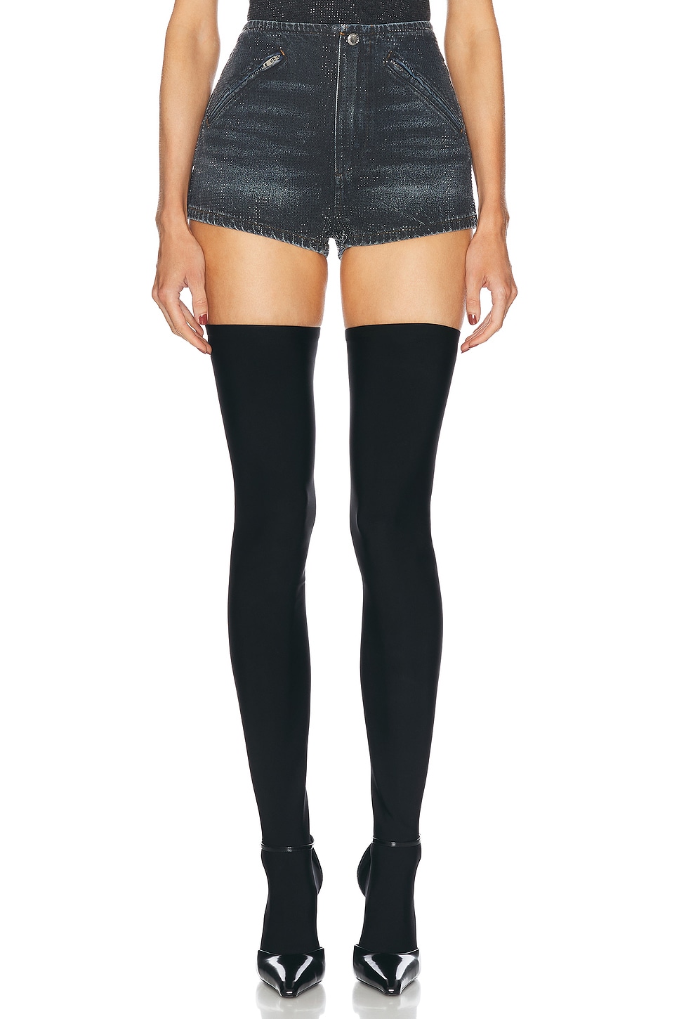 Shop Alexander Wang Hotfix Crystal Moto Mini Short In Black Crackle Indigo