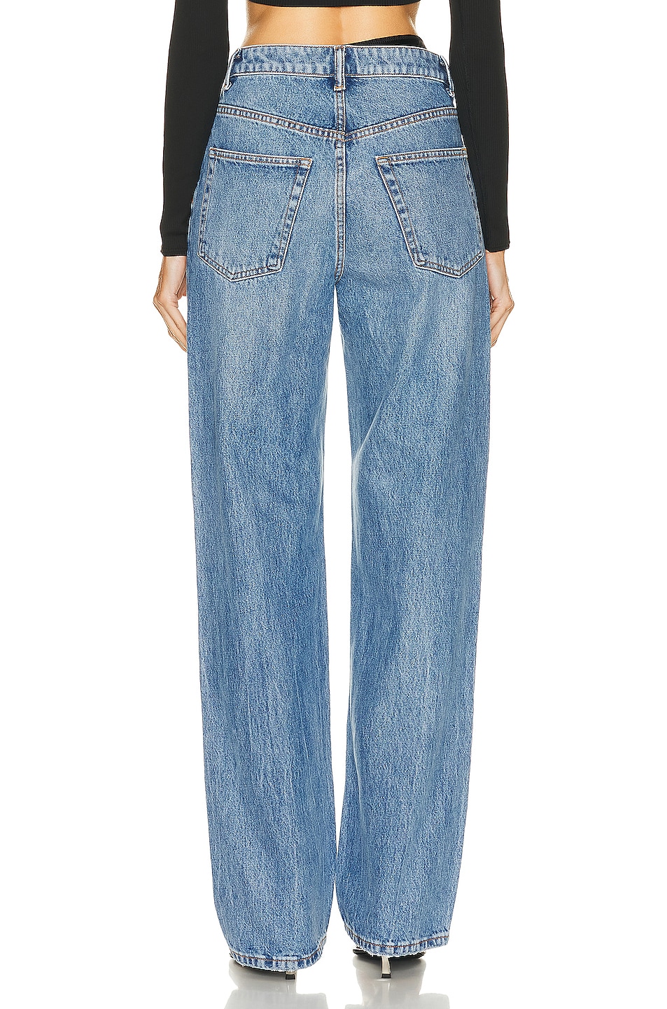 Vintage Wash Asymmetrical Waistband Wide Leg Jeans