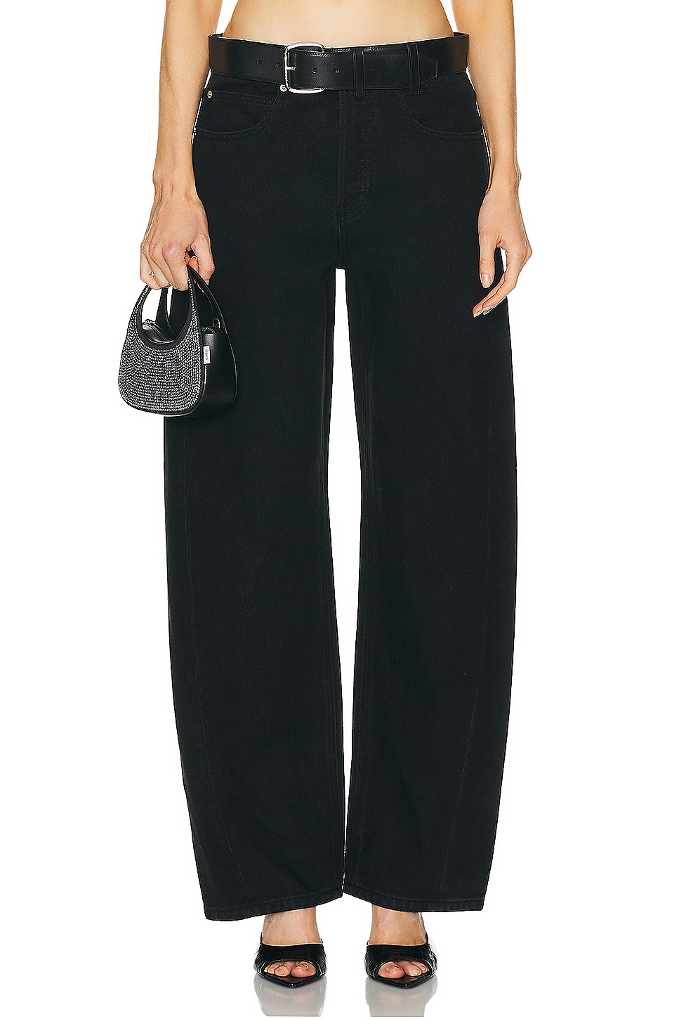 Image 1 of Alexander Wang Leather Belted Balloon Jean in Washed Black