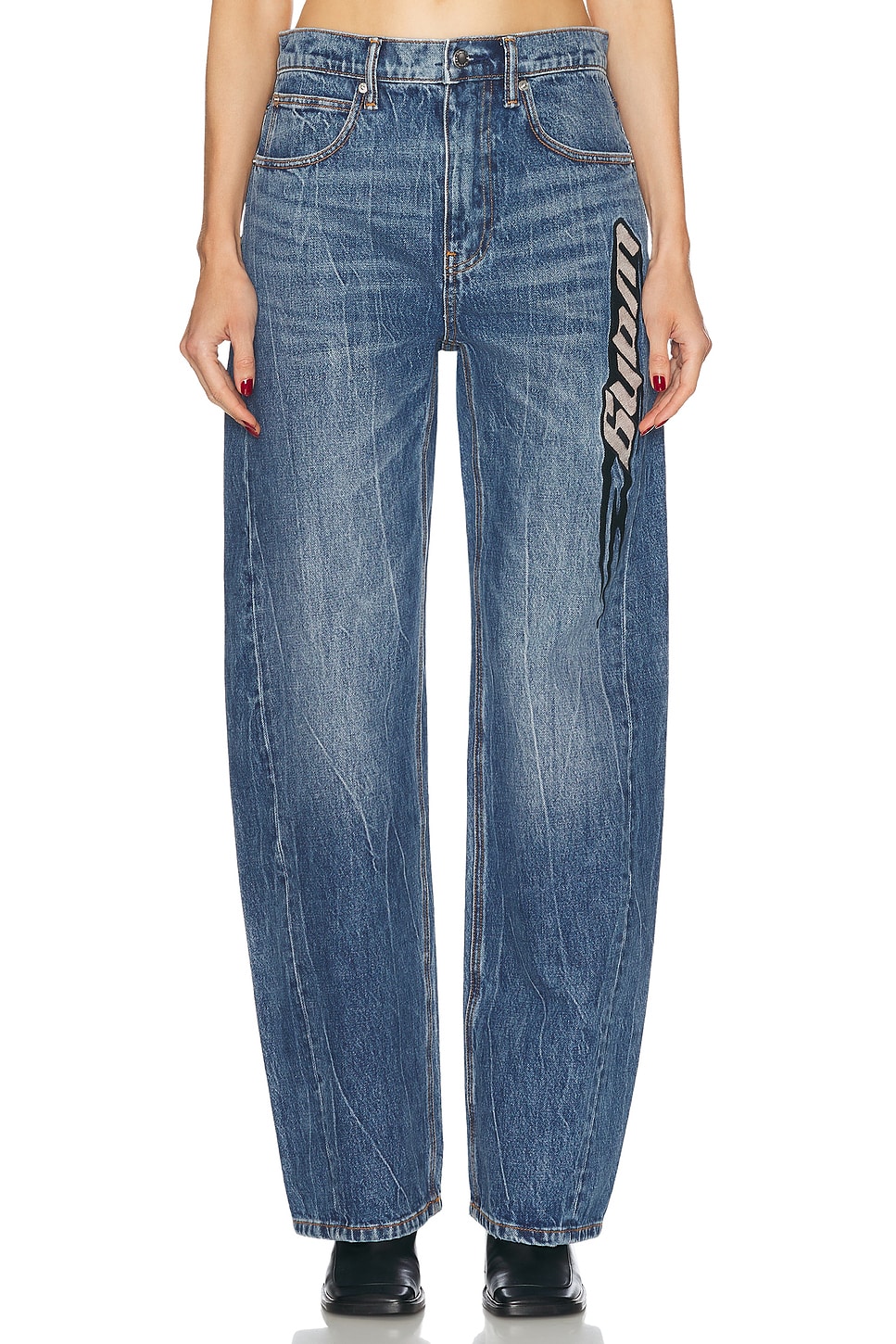 Shop Alexander Wang Balloon Embroidered Logo Wide Leg In Tumbled Medium Indigo