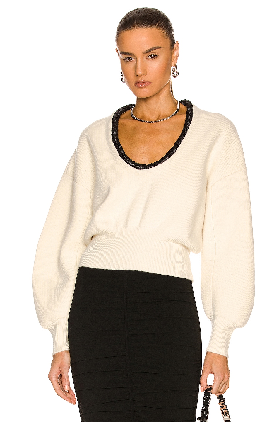Image 1 of Alexander Wang Ruched Leather Scoop Neck Sweater in Ivory