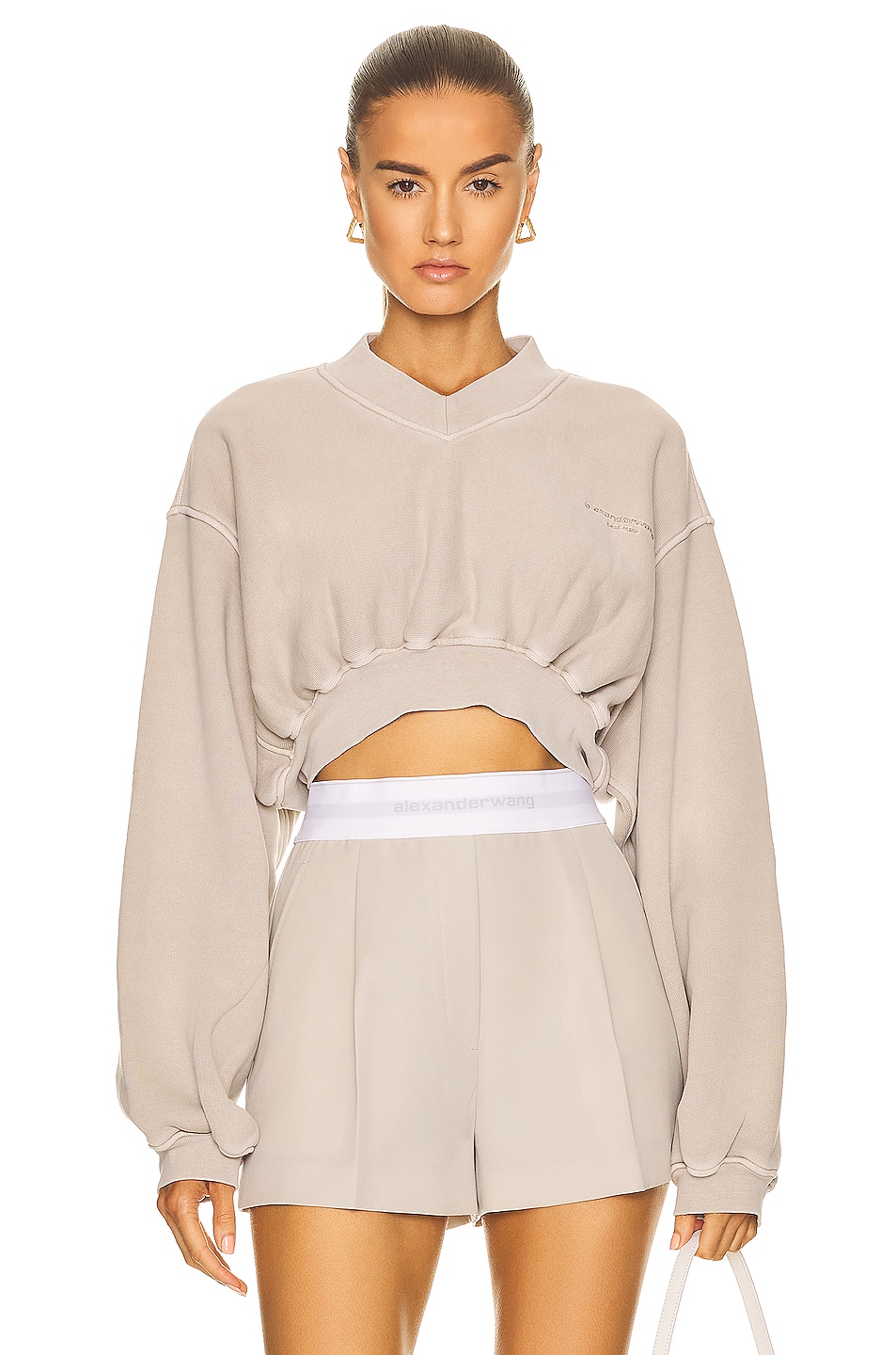 Image 1 of Alexander Wang V Neck Cropped Logo Pullover in Grey in Feather