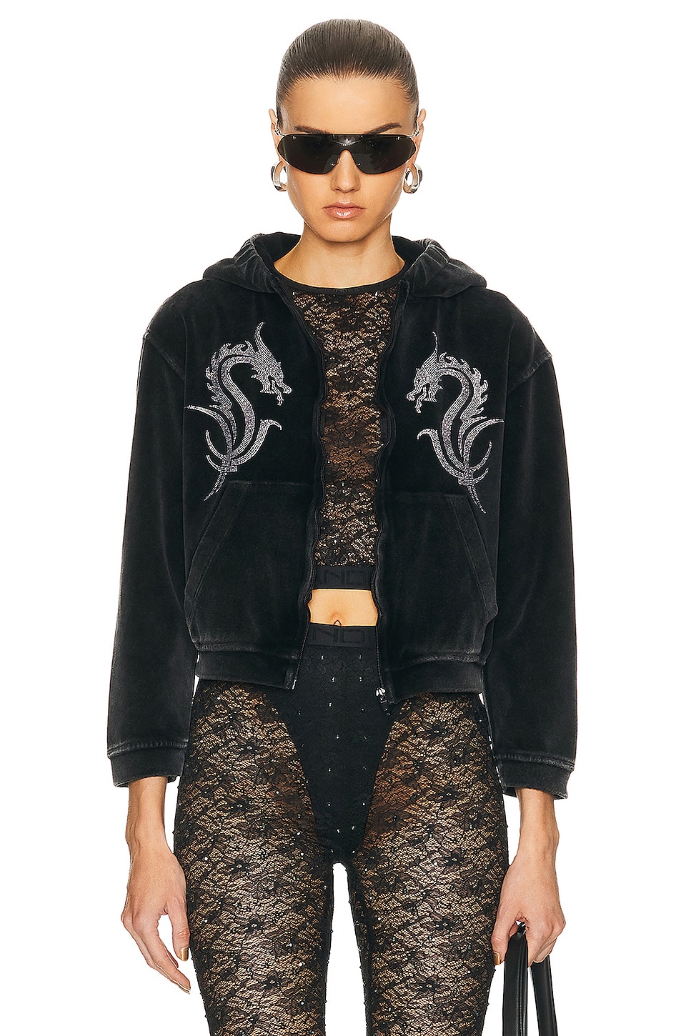 Image 1 of Alexander Wang Shrunken Zip Up Hoodie With Crystal Dragon Hotfix in Washed Pepper