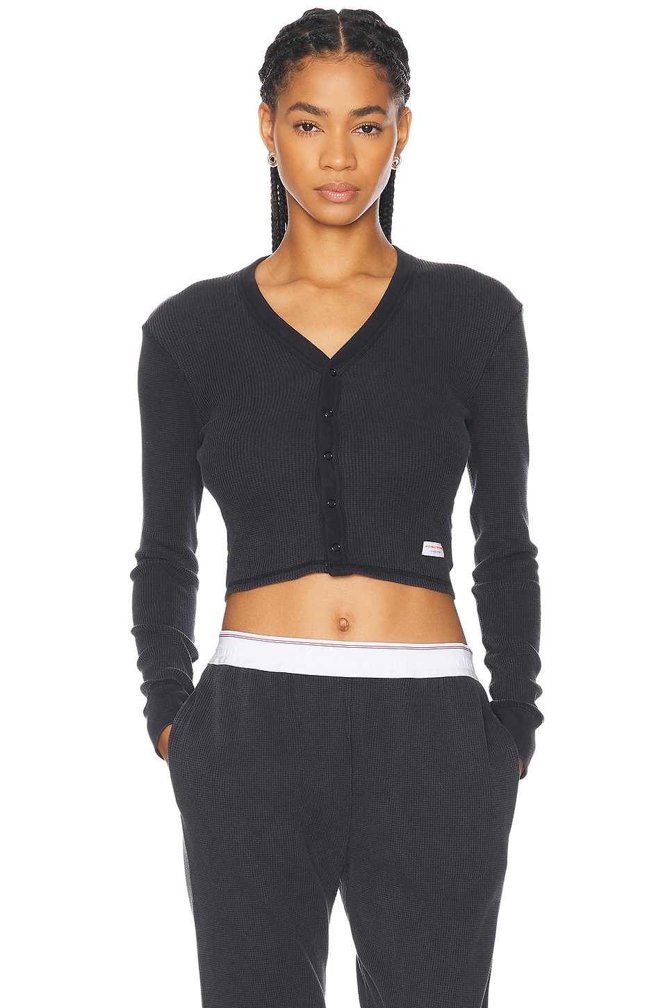 Image 1 of Alexander Wang Long Sleeve Waffle Cardigan in Washed Black