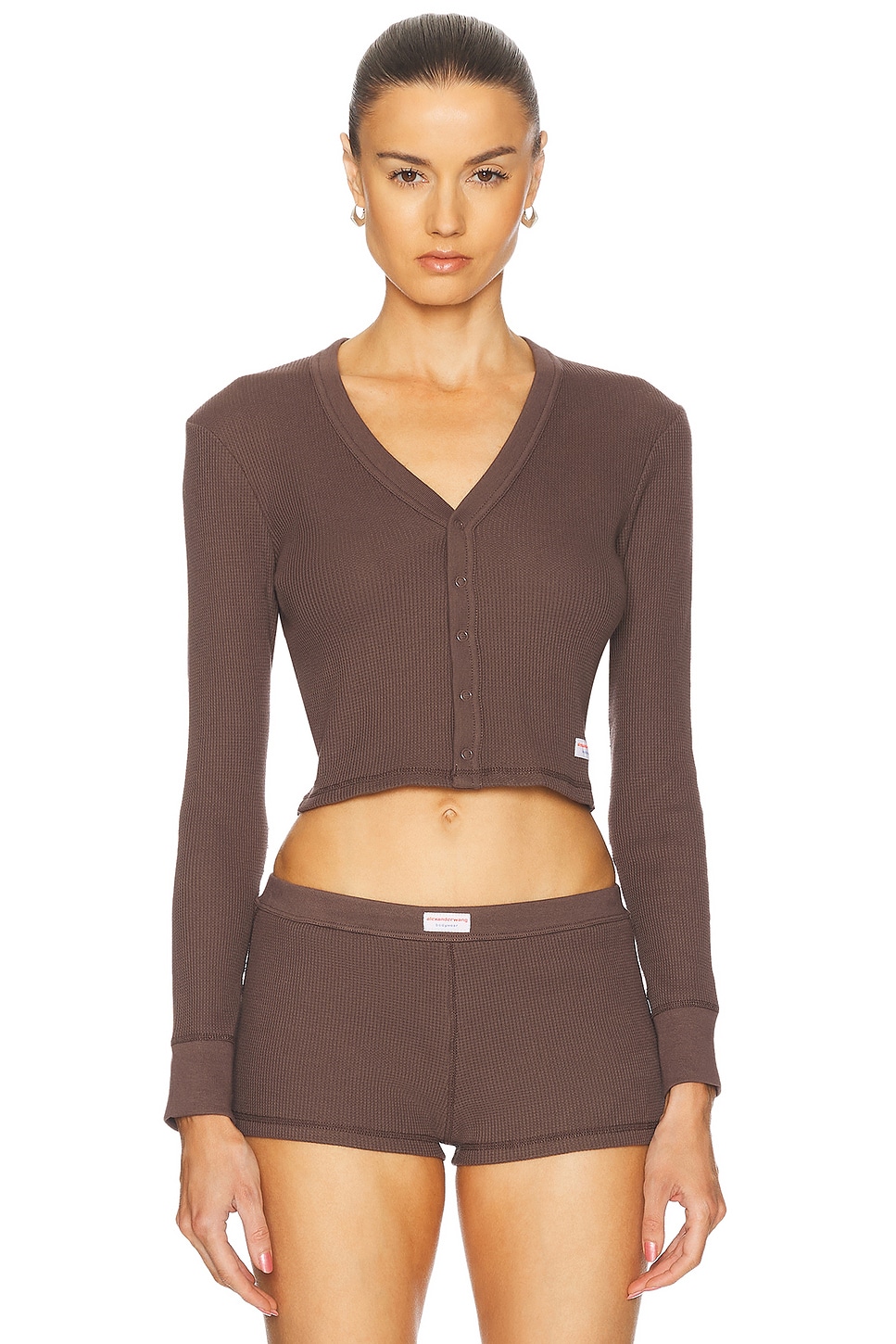 Image 1 of Alexander Wang Long Sleeve Waffle Cardigan in Chocolate Brown