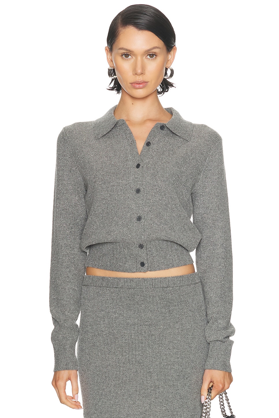 Image 1 of Alexander Wang Hotfix Long Sleeve Polo Cardigan in Heather Grey