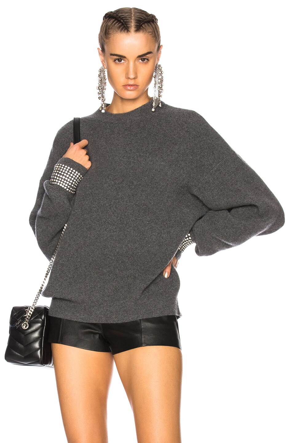 Image 1 of Alexander Wang Crew Neck Sweater with Crystal Cuffs in Charcoal