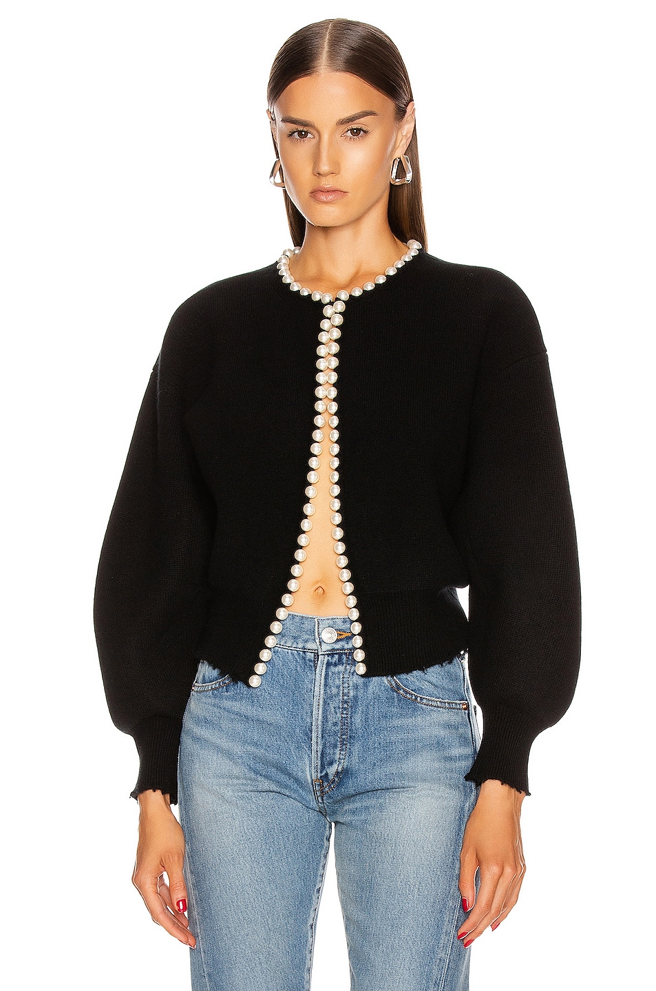 Image 1 of Alexander Wang Pearl Placket Cropped Cardigan in Black